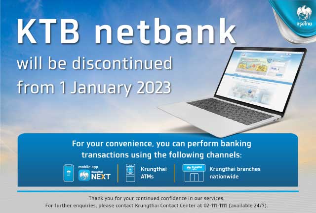 Krungthai to discontinue KTB netbank from 1 Jan 23