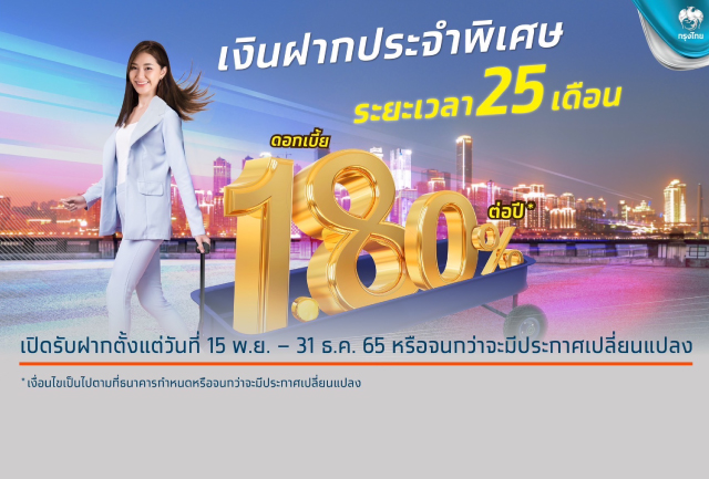 สนับสนุนคนไทยออมเงิน ออกเงินฝากประจำพิเศษ 25 เดือน ดอกเบี้ยคงที่ 1.8% ต่อปี เปิดรับฝากถึง 31 ธ.ค.65 นี้