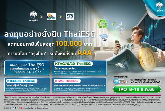 กรุงไทยแนะกองทุน Thai ESG รับสิทธิลดหย่อนภาษีเพิ่มปี 66 มีให้เลือก 3 นโยบาย IPO 8-18 ธ.ค.นี้