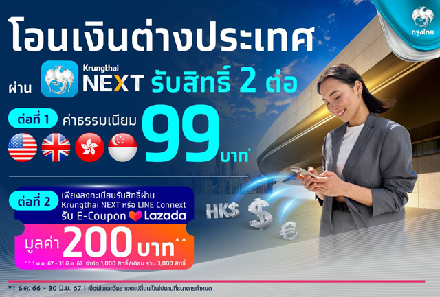 จัดโปรฯ สุดคุ้ม โอนเงินต่างประเทศ ผ่าน Krungthai NEXT ค่าธรรมเนียม 99 บาท