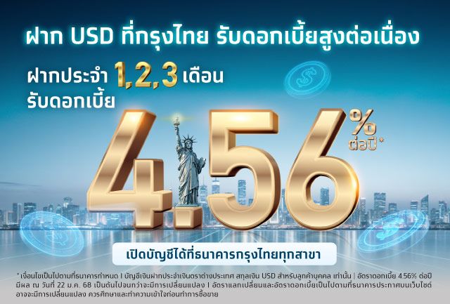 เอาใจลูกค้าฝากประจำ USD รับดอกเบี้ยสูงต่อเนื่อง พร้อมต่อยอดธุรกรรมต่างประเทศได้หลากหลายในบัญชีเดียว