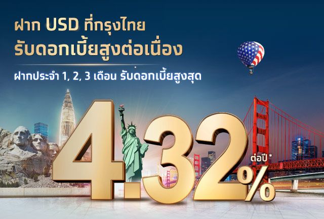 เพิ่มทางเลือกการออม ผ่านบัญชีฝากประจำสกุลเงินดอลลาร์สหรัฐ ระยะ 1-3 เดือน ดอกเบี้ยสูง 4.32% ต่อปี